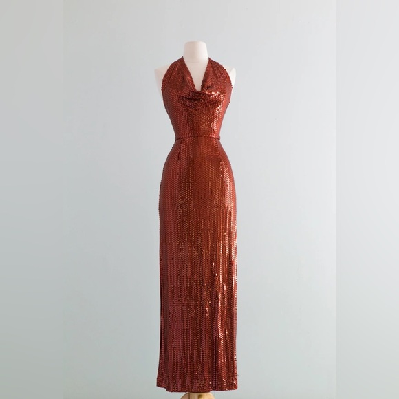 Vintage 1970s HOT LAVA Copper Sequined Halter Gown By Lillie Ruben / Small - Picture 11 of 11